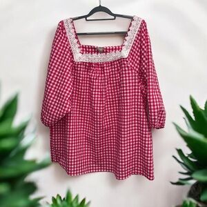 Woman Within Pink Gingham Seersucker 3/4  Sleeve Tunic Blouse Plus Size 3X NWOT